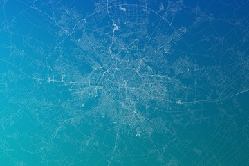Map of the streets of Bucharest (Romania) made with white lines on greenish blue gradient background. 3d render, illustration