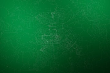 Map of the streets of Smolensk (Russia) made with white lines on abstract green background lit by two lights. Top view. 3d render, illustration