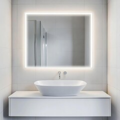 Fototapeta premium Frameless mirror with integrated LED lighting in a clean, white bathroom, minimalist bathroom mirror, modern simplicity