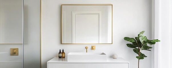 Frameless mirror with seamless edges in a minimalist bathroom with brass accents, minimalist bathroom mirror, sleek luxury