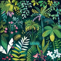 Colorful Illustration of Tropical Plants in a Lush Green Forest