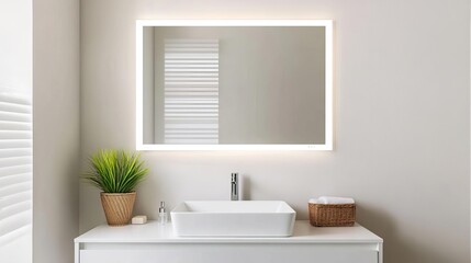 Frameless rectangular mirror with built-in lighting above a white vanity, minimalist bathroom mirror, sleek modern design