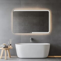 Fototapeta premium Frameless rectangular mirror with built-in lighting above a white vanity, minimalist bathroom mirror, sleek modern design