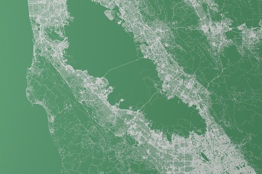 Stylized map of the streets of Bay Area (California, USA) made with white lines on green background. Top view. 3d render, illustration