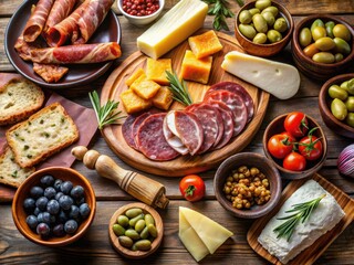 Traditional Spanish cuisine with a variety of meats, cheeses, olives, and bread