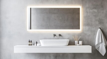 Fototapeta premium Frameless rectangular mirror with integrated lighting in a beige minimalist bathroom, minimalist bathroom mirror, warm elegance