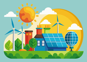 Renewable energy sources windmill solar panels vector illustration