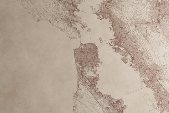 Map of San Francisco (California, USA) on an old vintage sheet of paper. Retro style grunge paper with light coming from right. 3d render