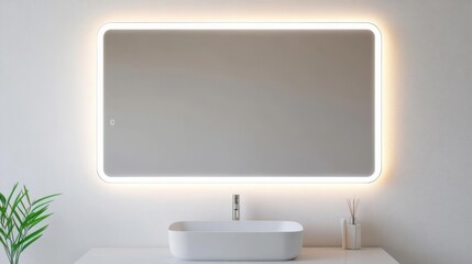 Frameless rectangular mirror with soft lighting above a floating vanity, minimalist bathroom mirror, sleek and simple