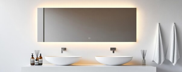 Frameless rectangular mirror with recessed lighting in a concrete-look bathroom, minimalist bathroom mirror, urban simplicity