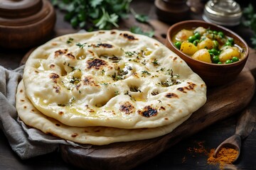 Warm, appetizing scene of naan bread with curry served alongside potatoes and peas