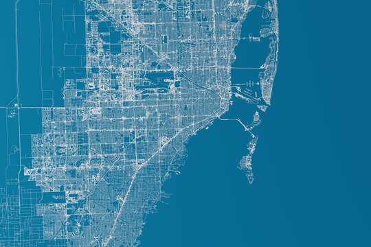 Map of the streets of Miami (Florida, USA) made with white lines on blue background. 3d render, illustration
