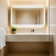 Large frameless mirror with LED lighting in a minimalist beige bathroom, minimalist bathroom mirror, warm elegance