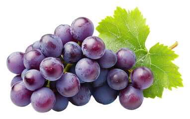 Purple grapes with green leaves isolated on transparent background