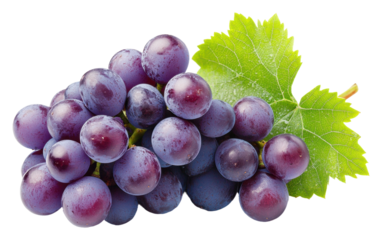 Purple grapes with green leaves isolated on transparent background