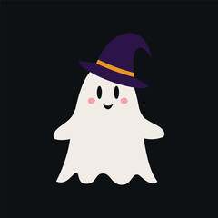 Cute Halloween ghost wearing wizard hat. Children's scary illustration in flat style. Funny creepy ghost in witch hat. Vector illustration