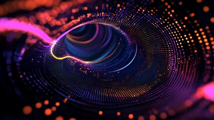 Abstract swirling pattern of colorful dots and lines in dark background.