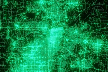 Map of the streets of Kansas City (Missouri, USA) made with green illumination and glow effect. Top view on roads network. 3d render, illustration