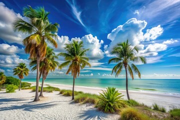 Fototapeta premium Turquoise waters meet white sand shores, where palm trees gently sway in the breeze, a tranquil retreat at Siesta Key, Florida, where worries fade away.