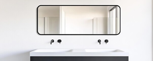 Large rectangular mirror with matte black frame in a minimalist bathroom, minimalist bathroom mirror, modern boldness