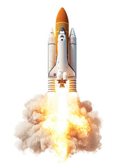 Fototapeta premium Rocket launching with flames and smoke at liftoff isolated on transparent background