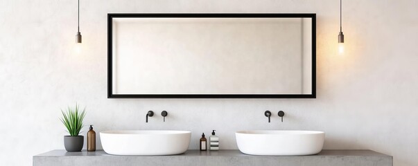 Large rectangular mirror with black frame in a minimalist bathroom with concrete walls, minimalist bathroom mirror, urban contrast