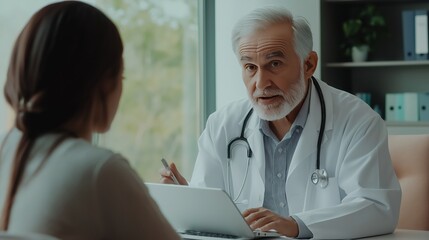Fototapeta premium elderly male doctor in a white coat is sitting at his desk, writing on a laptop computer and talking to a patient