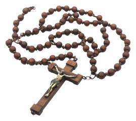 Wooden rosary beads with a crucifix on display isolated on transparent background