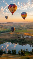 Fototapeta premium Colorful Hot Air Balloons. Spectacular Sunrise Landscape Background. 
