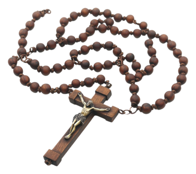 Wooden rosary beads with a crucifix on display isolated on transparent background