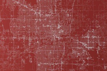 Map of the streets of Oklahoma City (Oklahoma, USA) made with white lines on red background. Top view. 3d render, illustration