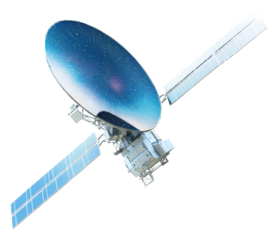 Satellite equipped with solar panels in flight isolated on transparent background