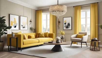 Fototapeta premium Chic and Inviting: An Elegant Modern Living Room Enhanced with Radiant Yellow Accents