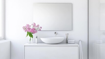 Fototapeta premium Minimalist frameless mirror with brushed steel fixtures in a clean white bathroom, minimalist bathroom mirror, sleek simplicity