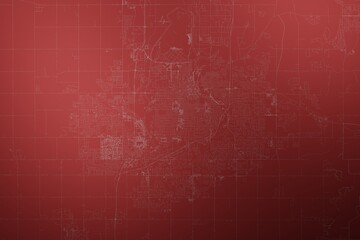 Map of the streets of Sioux Falls (South Dakota, USA) made with white lines on abstract red background lit by two lights. Top view. 3d render, illustration