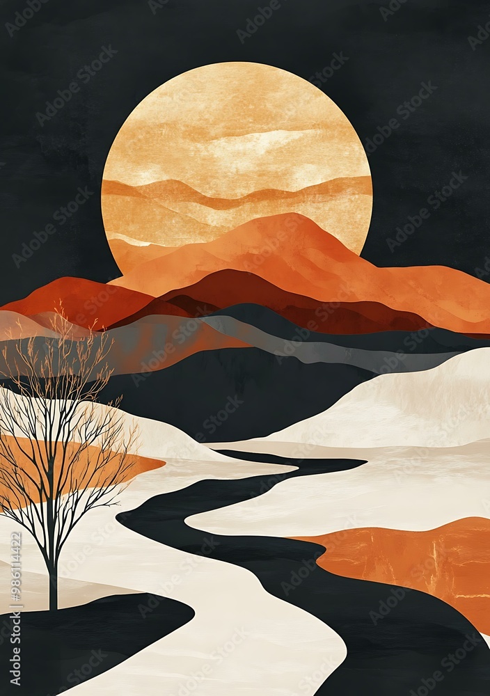 Wall mural Abstract Mountain Landscape with River and Moon