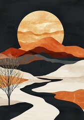 Abstract Mountain Landscape with River and Moon