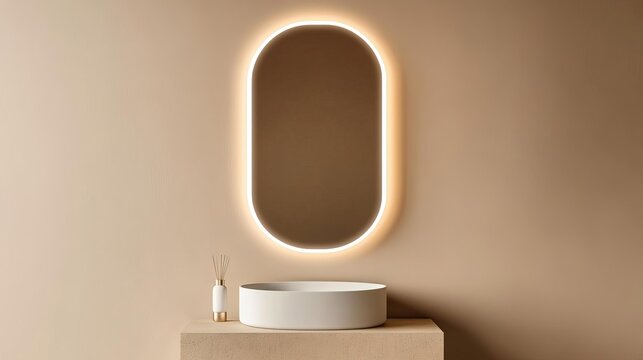 Oval frameless mirror with soft backlighting in a beige minimalist bathroom, minimalist bathroom mirror, warm simplicity