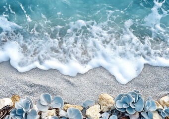 Ocean Waves Crashing on Sandy Beach with Lush Green Foliage