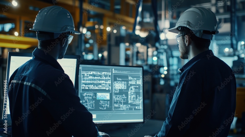 Aufkleber two workers in hard hats observe data on screens in an industrial setting.