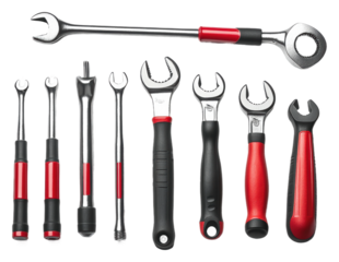 Neatly arranged essential wrenches isolated on transparent background