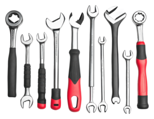 Essential set of hand tools for mechanical work isolated on transparent background