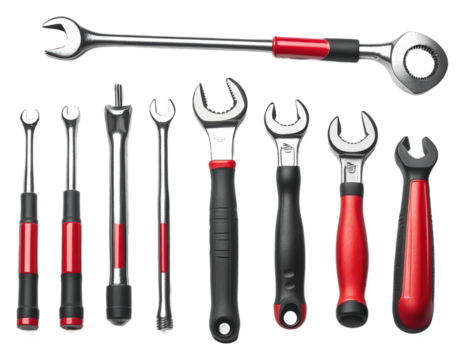 Neatly arranged essential wrenches isolated on transparent background
