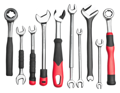Essential set of hand tools for mechanical work isolated on transparent background
