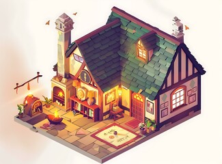 Naklejka premium Cozy Isometric House Illustration With Fireplace And Bookshelf