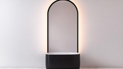 Oval mirror with thin black frame in a minimalist bathroom with soft lighting, minimalist bathroom mirror, modern contrast