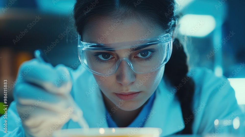 Poster a focused scientist in a lab, analyzing a sample with precision and concentration.