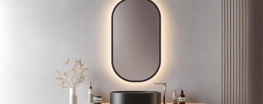 Oval mirror with thin black frame and built-in lighting in a gray bathroom, minimalist bathroom mirror, modern bold design