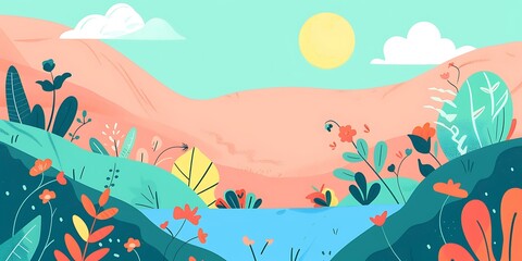 Fototapeta premium Colorful Spring Landscape With Flowers and River