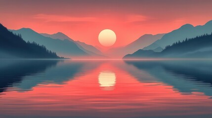 sunrise over serene lake golden eye reflecting in water minimalist vector art style clean lines muted palette ethereal atmosphere isolated composition